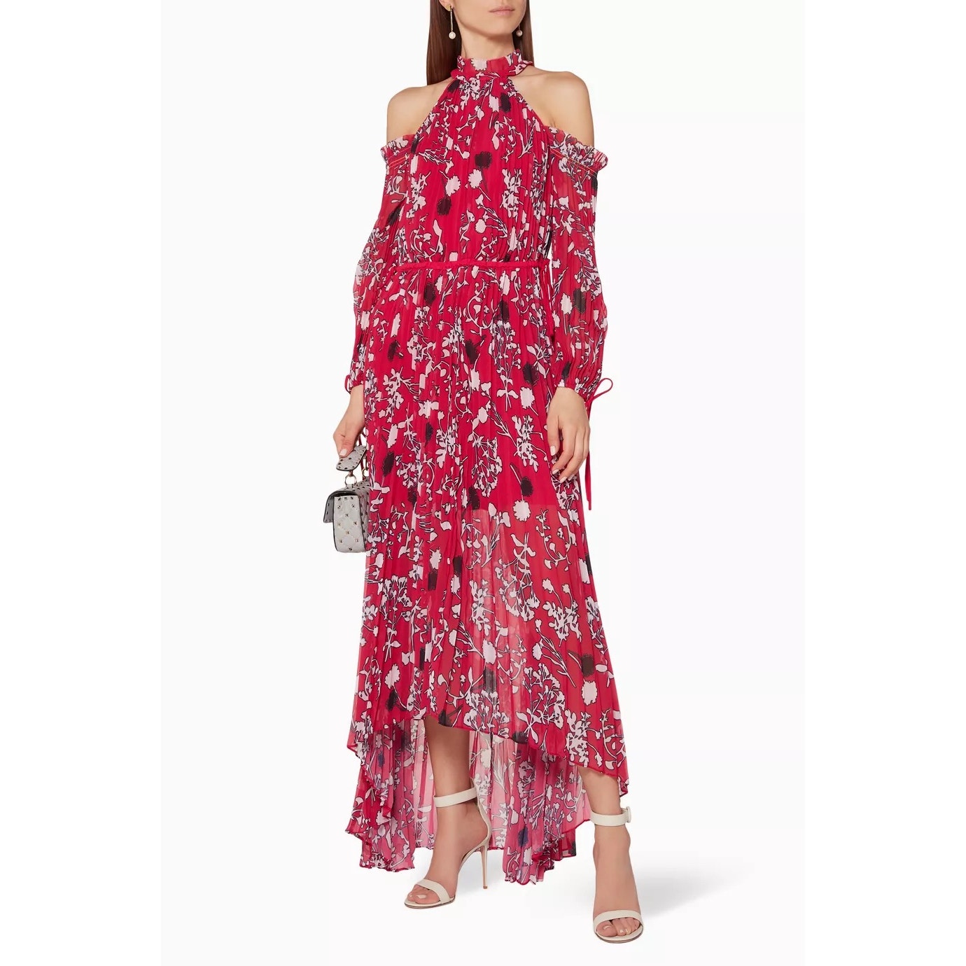 Self Portrait Cold Shoulder Dress Red Pleated Flora Printed Chiffon Maxi